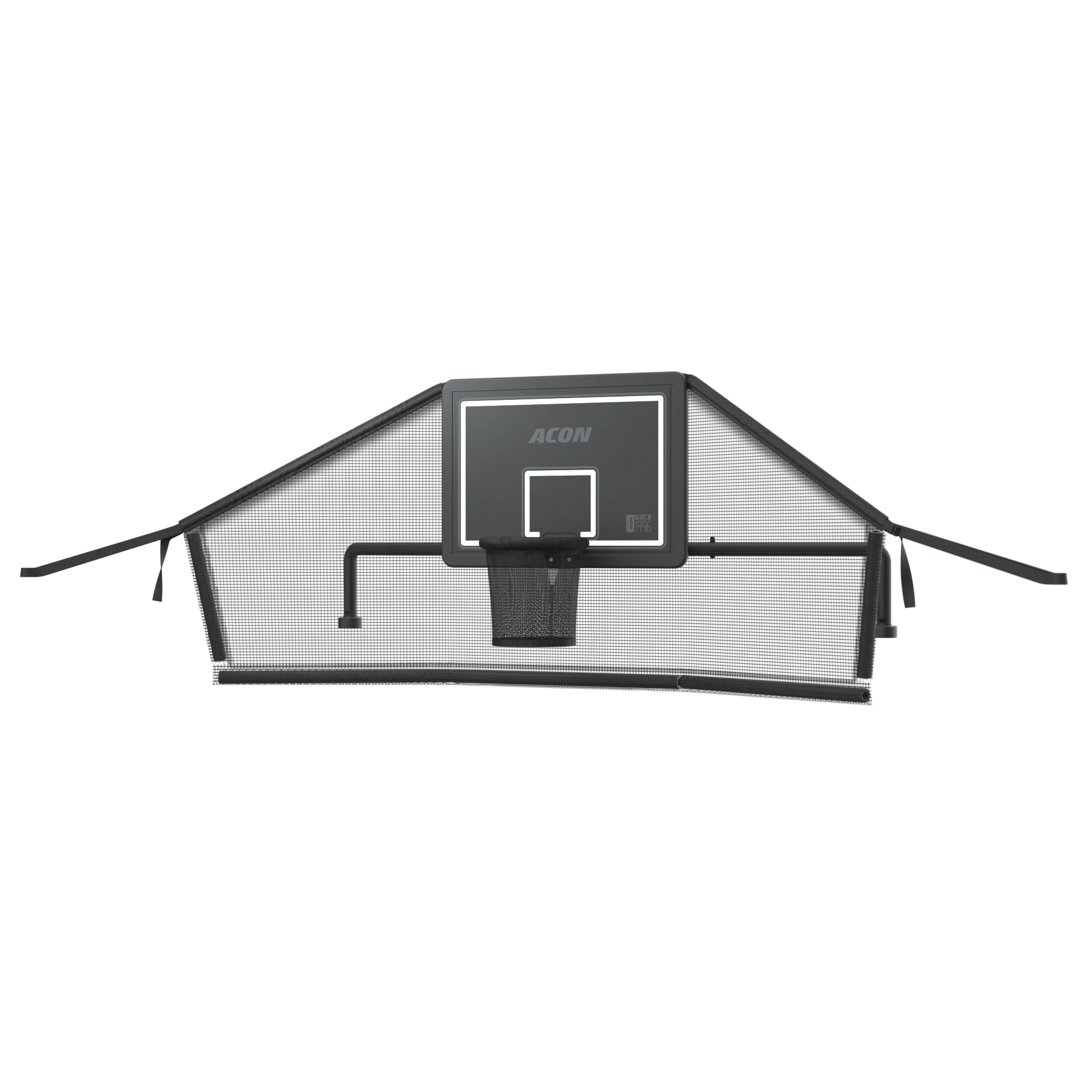 Produktbild av Acon basketkorg för rektangulär studsmatta med bollfångarnät, mot vit bakgrund.