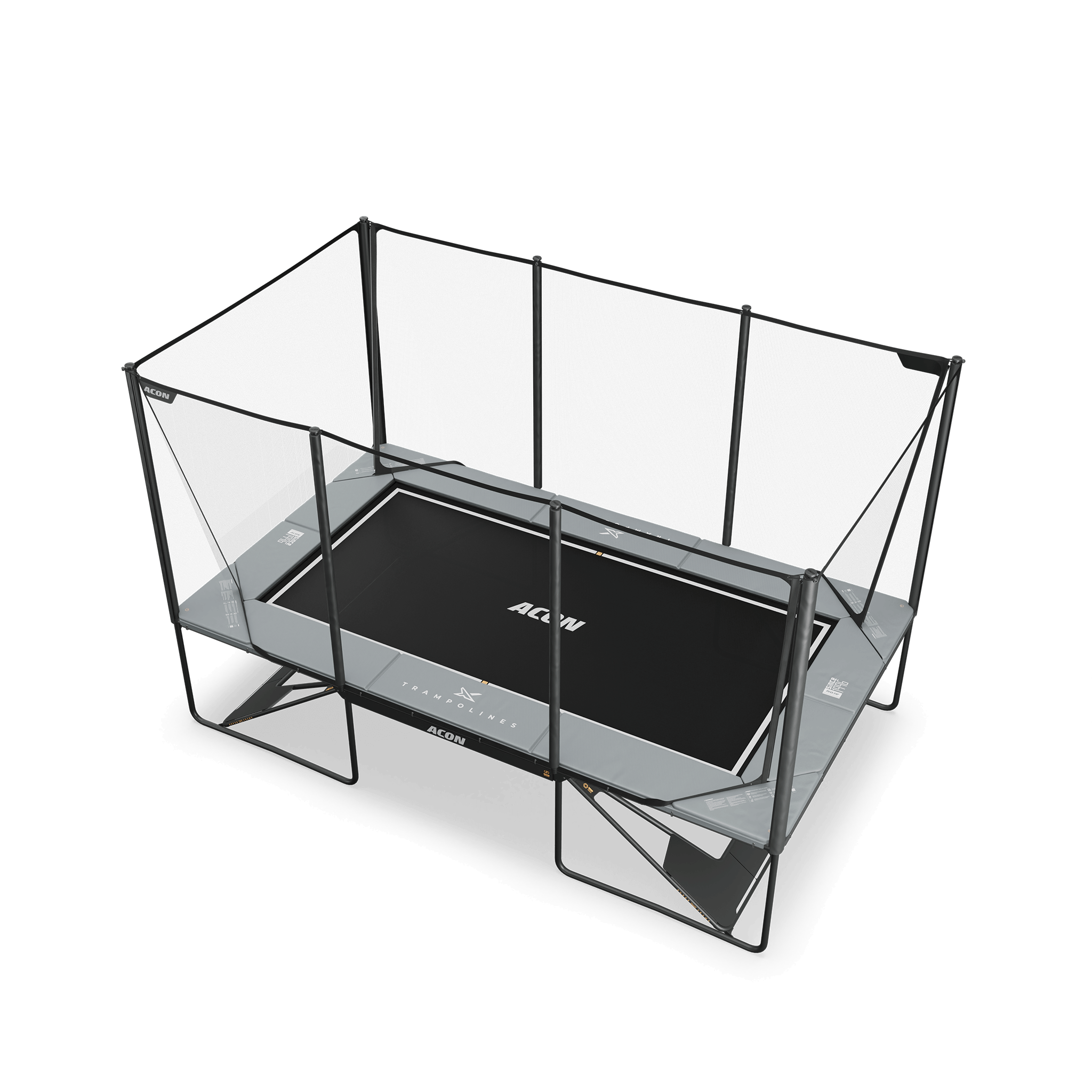 ACON X 17ft rektangulär studsmatta med nät och stege, ljusgrå.