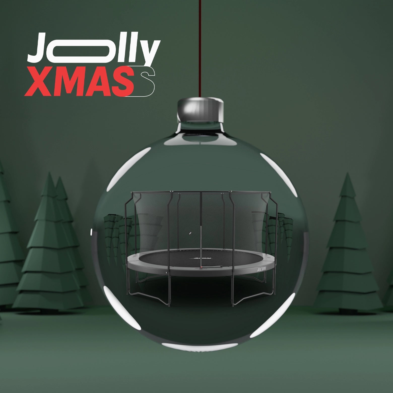 Jolly Xmas - 4,3m svart trampolin inuti en juldekorationskula.