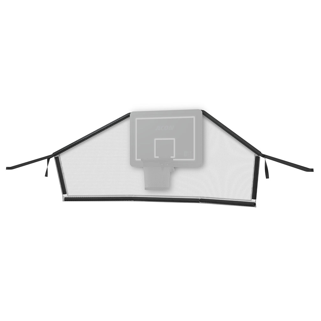 Produktbild av Acon bollfångarnät med inklippt bild som visar placeringen av basketkorgen, mot vit bakgrund.