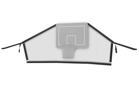 Produktbild av Acon bollfångarnät med inklippt bild som visar placeringen av basketkorgen, mot vit bakgrund.
