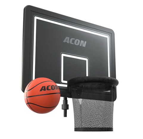 Produktbild av den orangefärgade, proffsiga Acon basketboll, placerad bredvid Acon basketkorg för rund studsmatta, mot vit bakgrund.